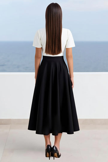 Ivory and Black Satin A Line Long Work Dress with Sleeves